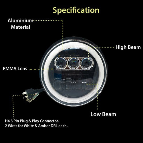 LIU HJG New Round LED Headligh Fits in Jawa with High Beam, Low Beam (12V-80V 75W)