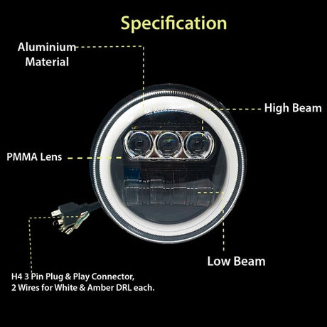 LIU HJG New Round LED Headligh Fits in Jawa with High Beam, Low Beam (12V-80V 75W)