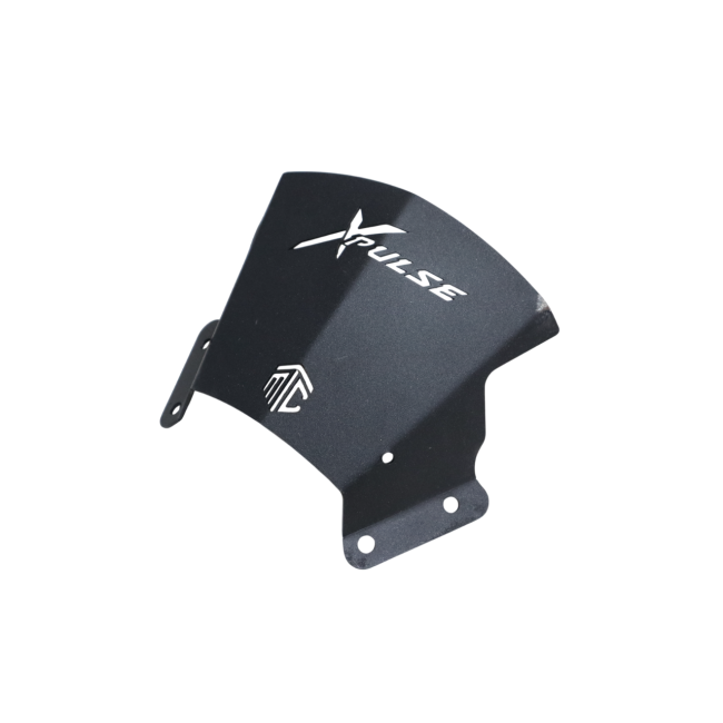 MotoCare metal visor installed on Hero Xpulse motorcycle windshield for aerodynamic protection and enhanced styling