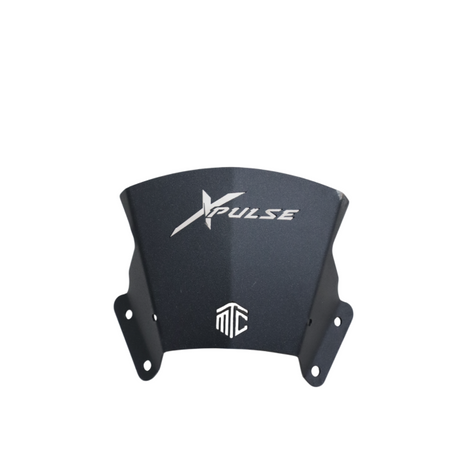 MotoCare metal visor installed on Hero Xpulse motorcycle windshield for aerodynamic protection and enhanced styling