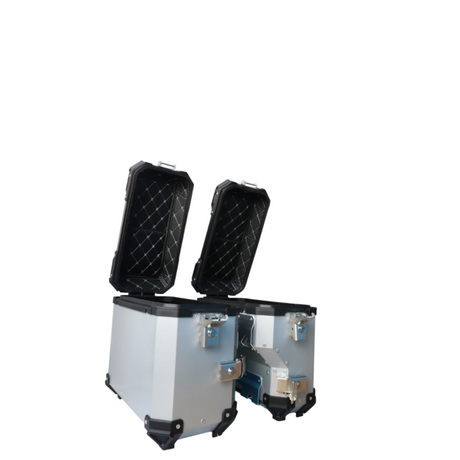 MOTOCARE ALUMINIUM 36 LITRE SILVER PANNIERS WITH SADDLE CLAMP
