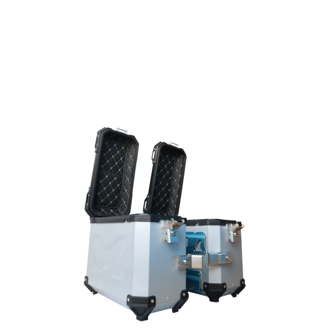 MOTOCARE ALUMINIUM MX 36 LITRE SILVER PANNIERS WITH SADDLE CLAMP