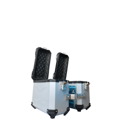 MOTOCARE ALUMINIUM MX 36 LITRE SILVER PANNIERS WITH SADDLE CLAMP