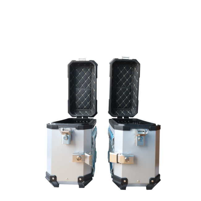 MOTOCARE ALUMINIUM MX 36 LITRE SILVER PANNIERS WITH SADDLE CLAMP