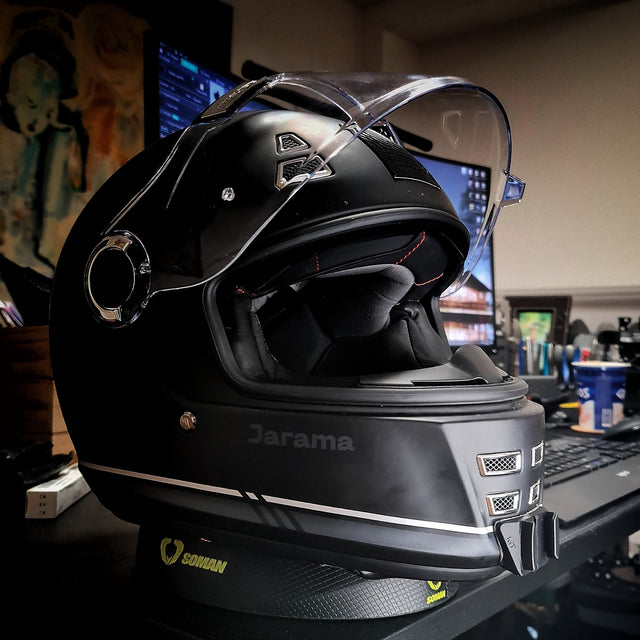 MT Jarama chin mount attached to motorcycle helmet for GoPro recording