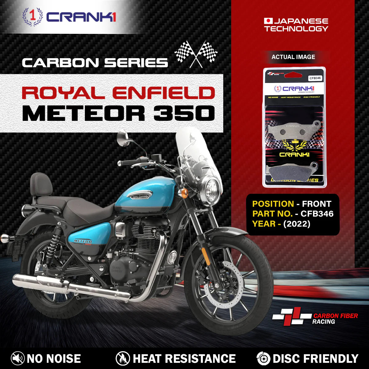 CRANK1 Carbon Front Brake Pads CFB346 for Royal Enfield Meteor 350, Harley Davidson Street 750 and Bajaj Pulsar N160