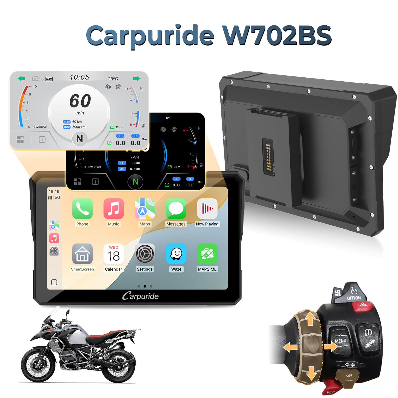 Carpuride W702BS 7 inch BMW motorcycle CarPlay display
