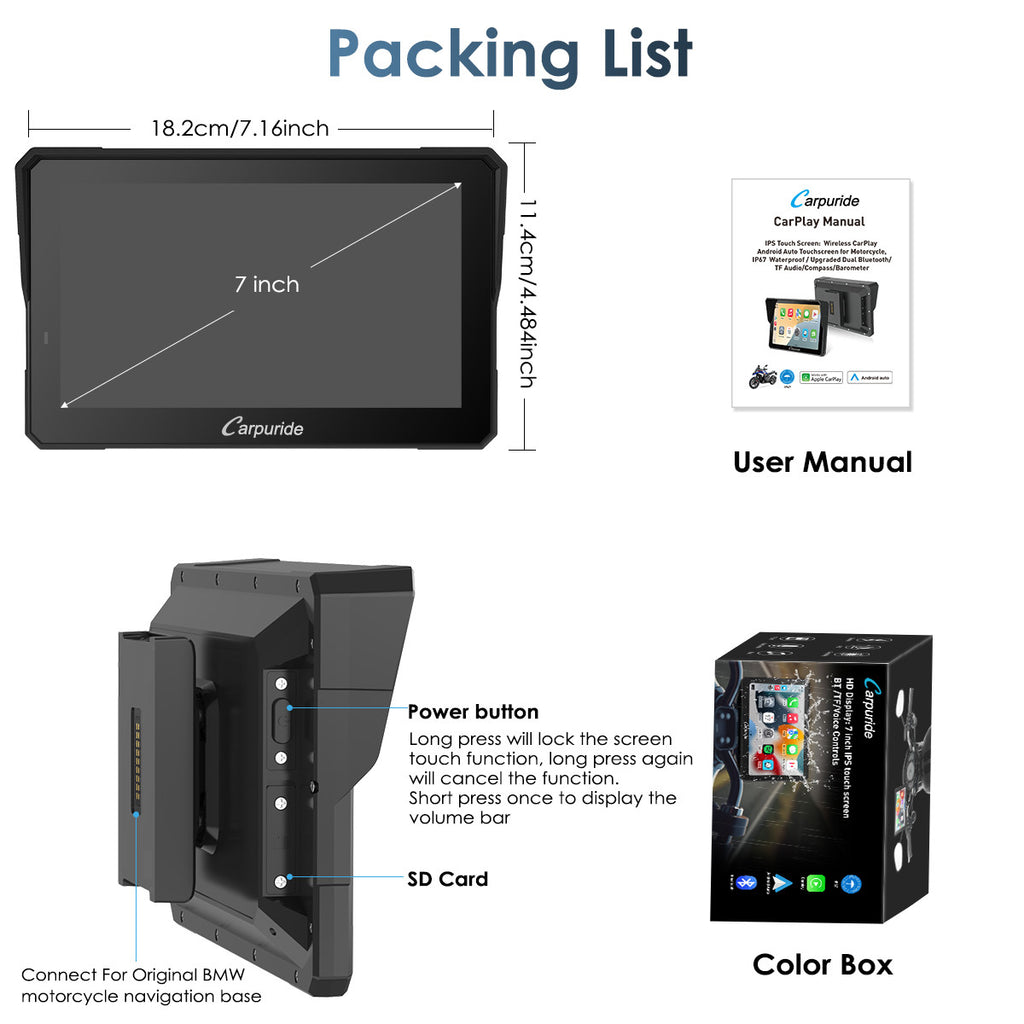 Carpuride W702BS 7 inch BMW motorcycle CarPlay display
