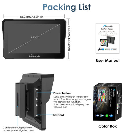 Carpuride W702BS 7 inch BMW motorcycle CarPlay display
