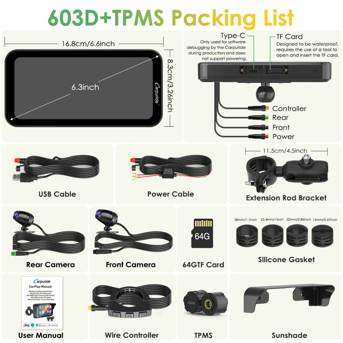 Carpuride W603D wireless motorcycle CarPlay display
