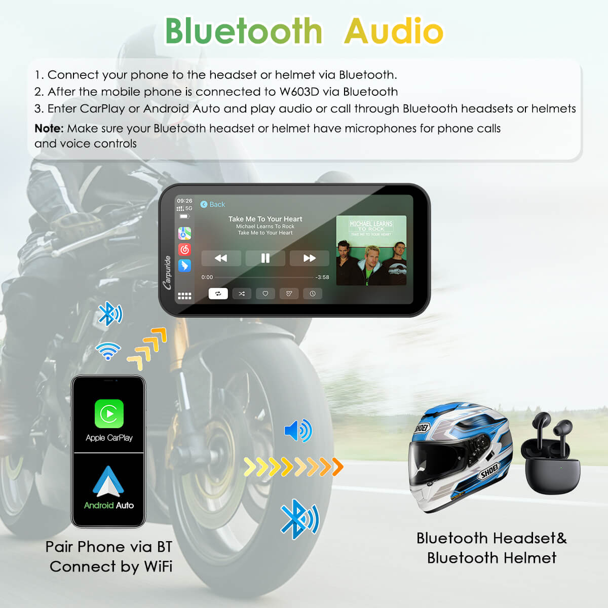 Carpuride W603D wireless motorcycle CarPlay display
