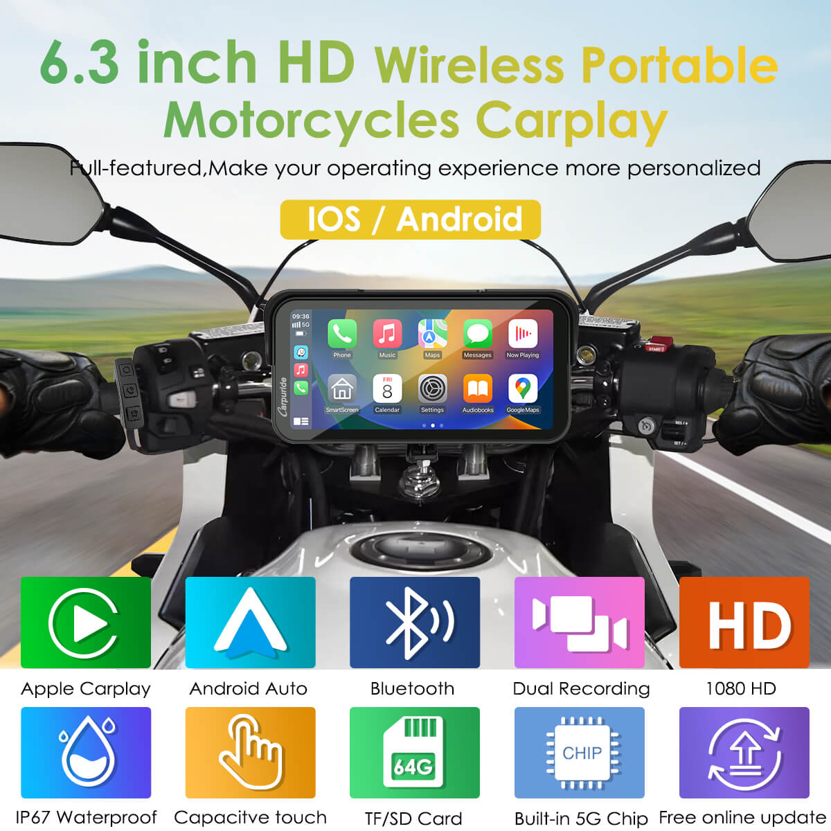Carpuride W603D wireless motorcycle CarPlay display
