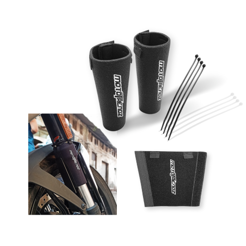 Mototrendz fork seal cover installed on motorcycle front fork