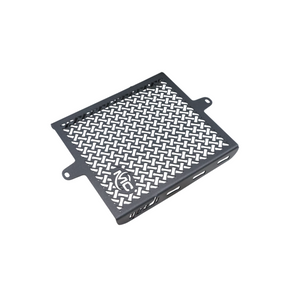 MotoCare radiator guard installed on Yezdi Adventure 2024 motorcycle protecting engine radiator from stones and debris during off-road riding