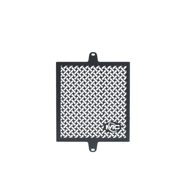 MotoCare radiator guard installed on Yezdi Adventure 2024 motorcycle protecting engine radiator from stones and debris during off-road riding