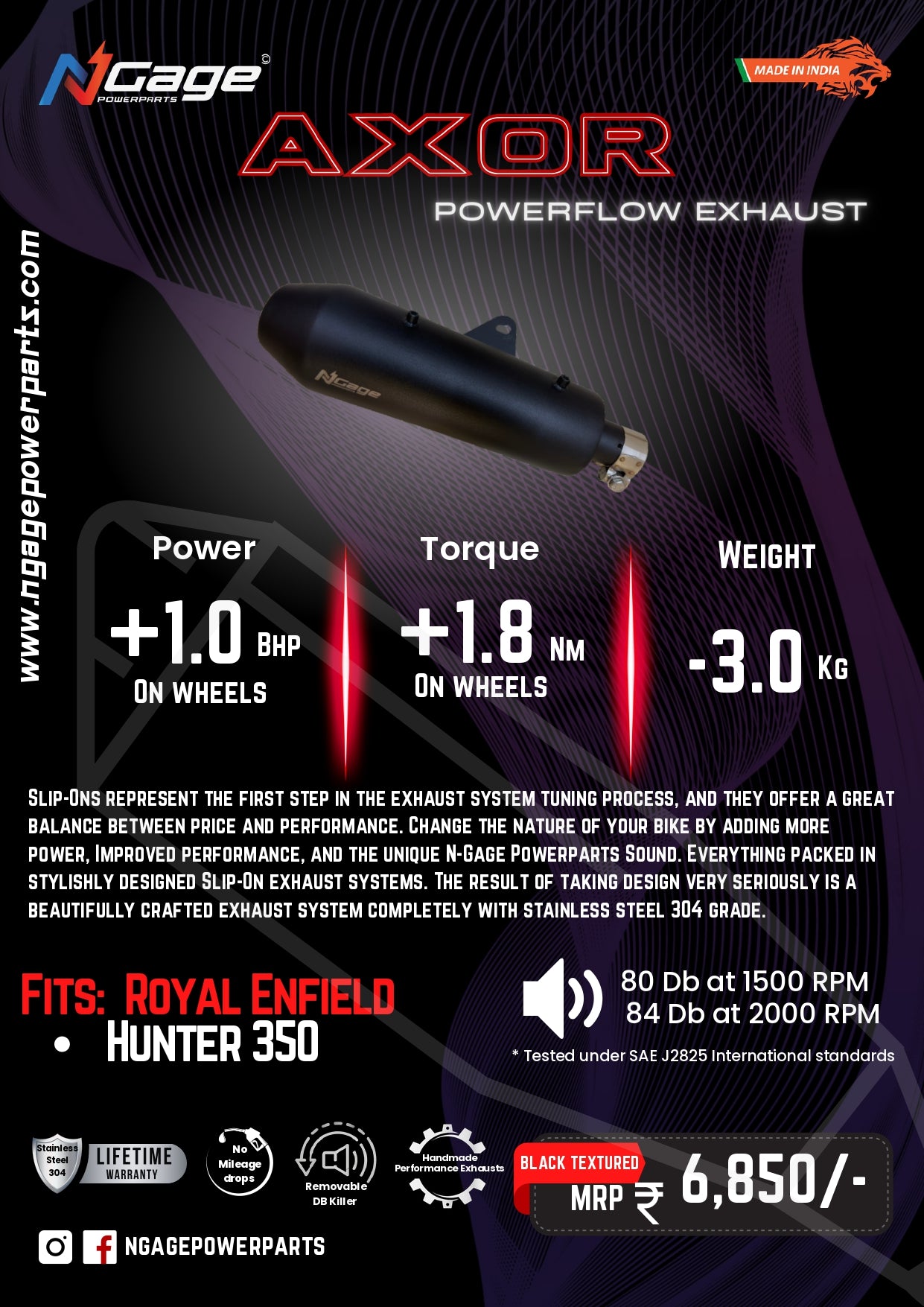 Ngage Powerparts Axor Powerflow exhaust for Royal Enfield Hunter 350