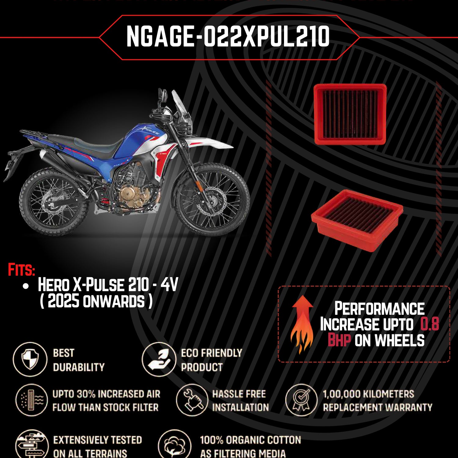 Ngage Hyper Flow Air Filter NGAGE-022XPUL210 for Hero XPulse 210 – High Flow Organic Cotton Performance Air Filter