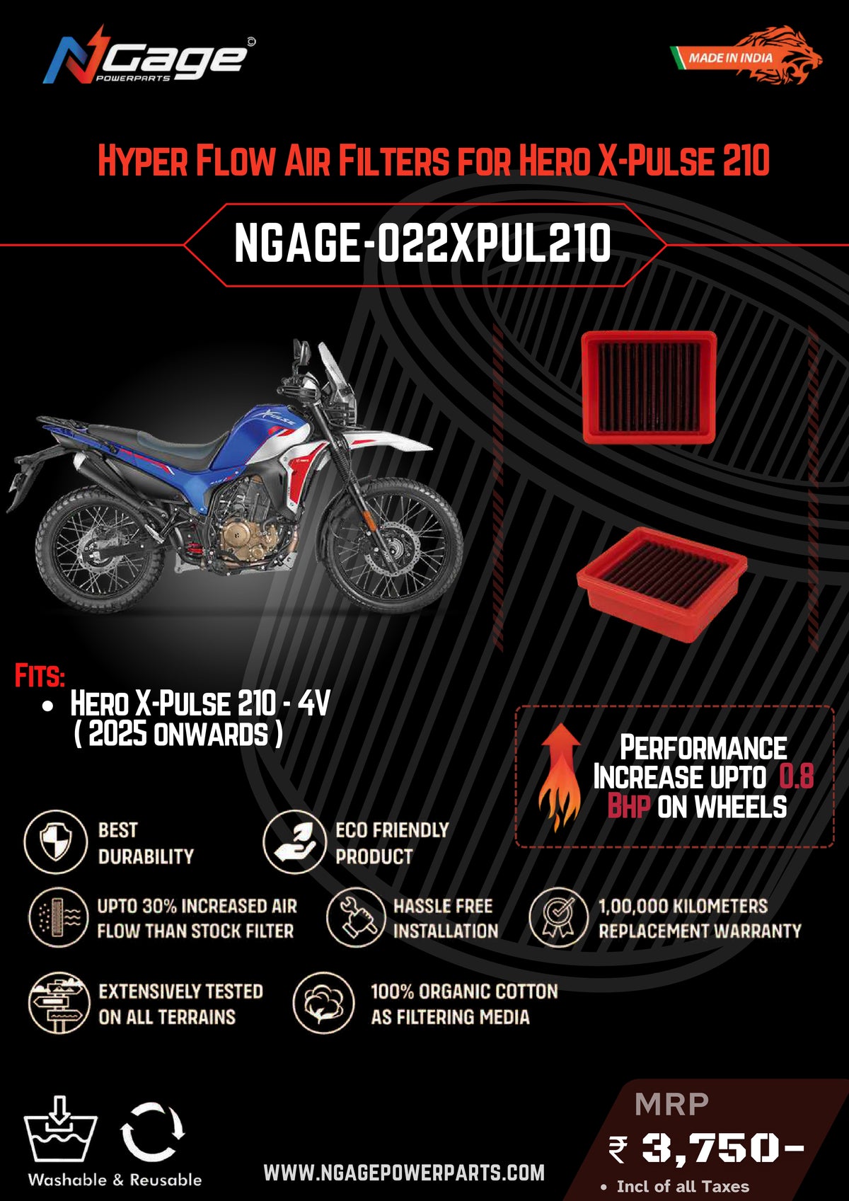 Ngage Hyper Flow Air Filter NGAGE-022XPUL210 for Hero XPulse 210 – High Flow Organic Cotton Performance Air Filter