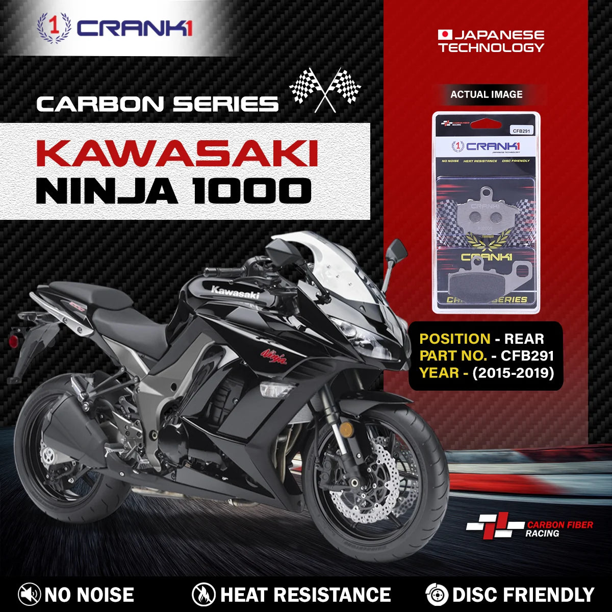 CRANK1 CFB291 carbon rear brake pads for Kawasaki Ninja 1000 2015 motorcycle