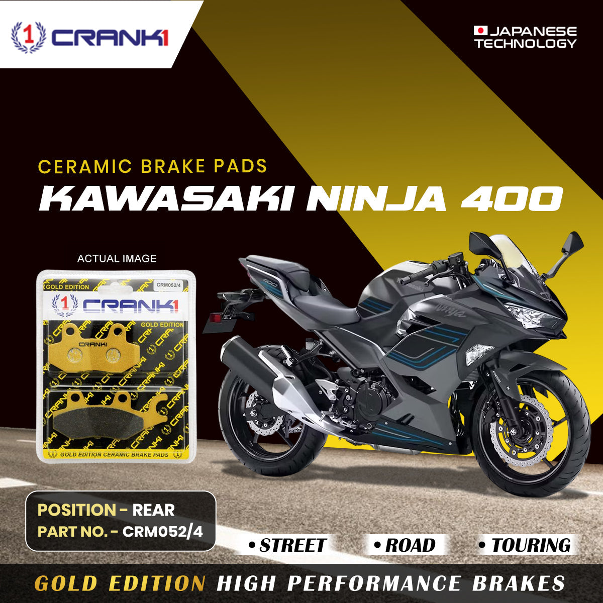 CRANK1 Ceramic Rear Brake Pads CRM043/2 for Triumph Street Twin 900 (2019-2022) HH Rated Motorcycle Brake Pads
