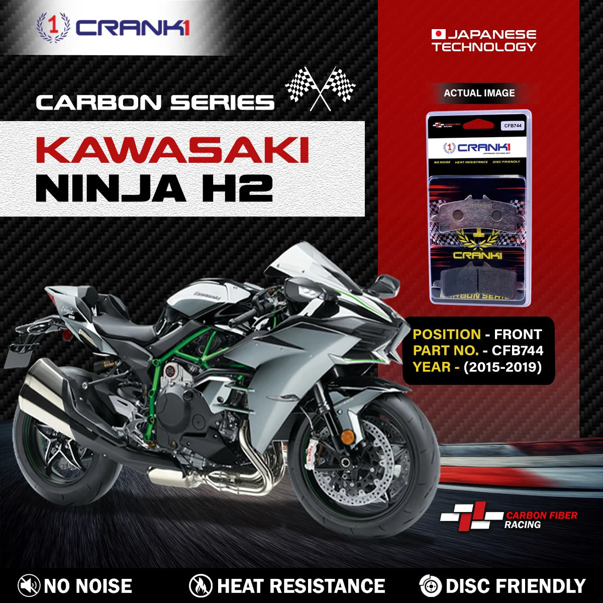 CRANK1 CFB744 carbon front brake pads for Kawasaki Ninja H2 2015-2019