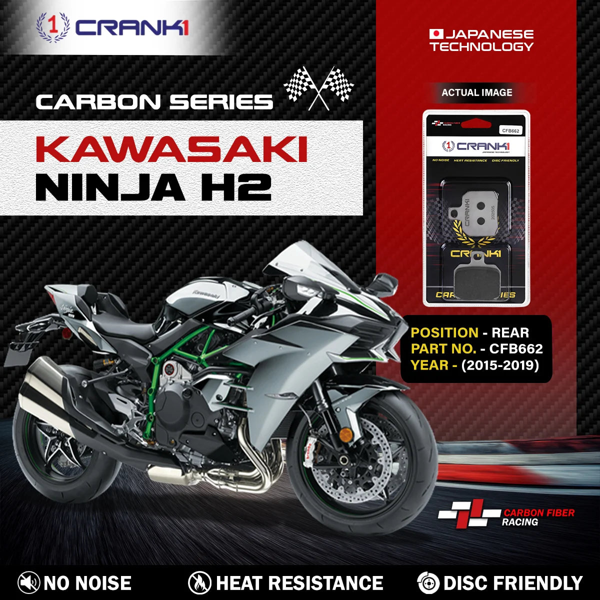 CRANK1 Carbon Rear Brake Pads CFB662 for Kawasaki Ninja H2 2015-2019 Motorcycle Brake Pad Set