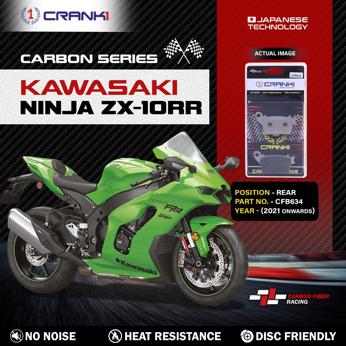 CRANK1 Carbon Rear Brake Pads CFB634 for Kawasaki Ninja ZX-10RR 2021 Onwards