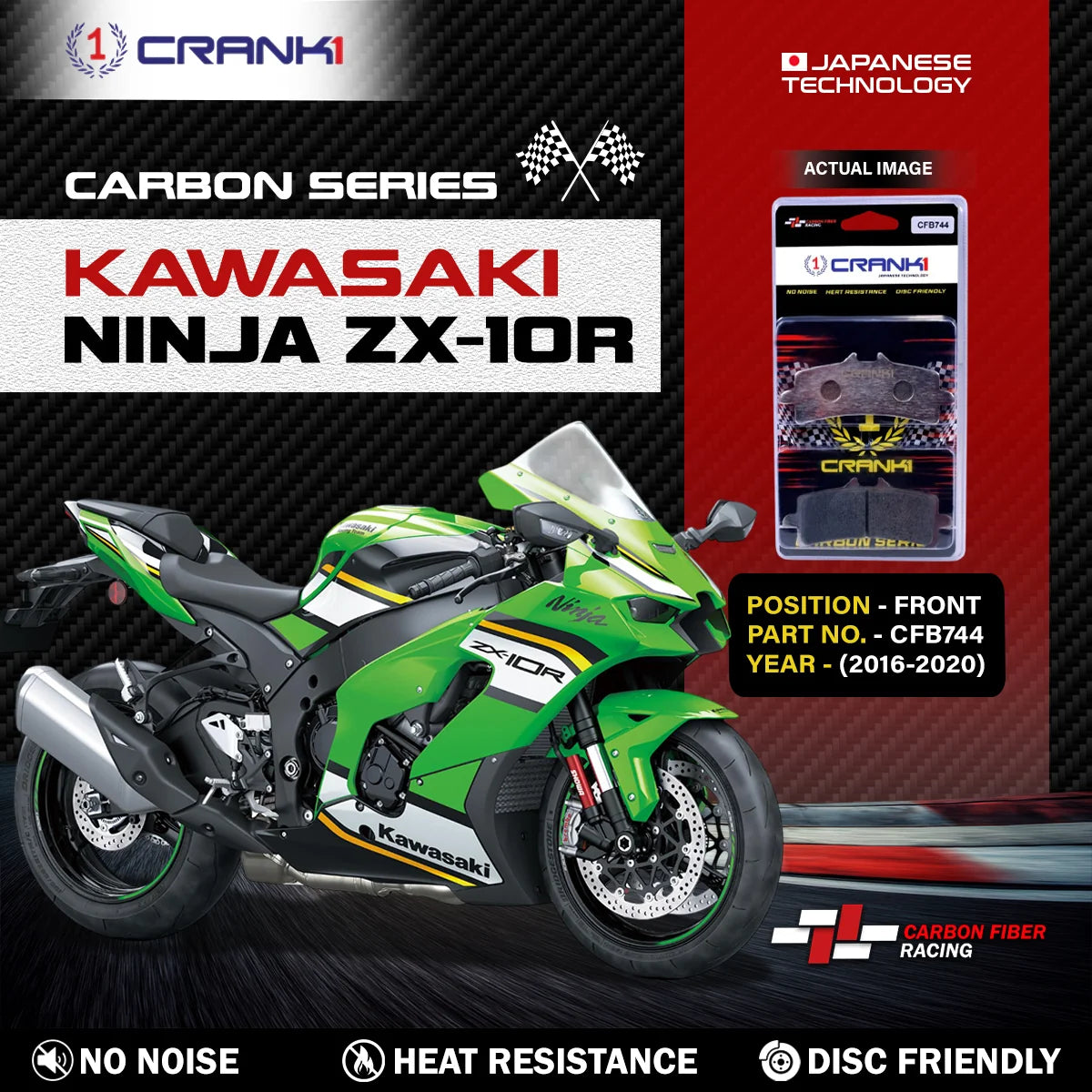 CRANK1 CFB744 carbon front brake pads for Kawasaki Ninja ZX-10R 2016-2020