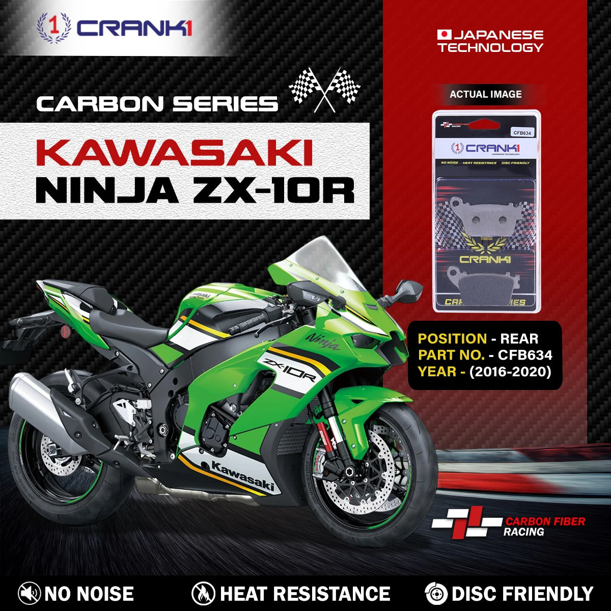 CRANK1 Carbon Rear Brake Pads CFB634 for Kawasaki Ninja ZX-10R 2016-2020 High Performance Kevlar Motorcycle Brake Pads
