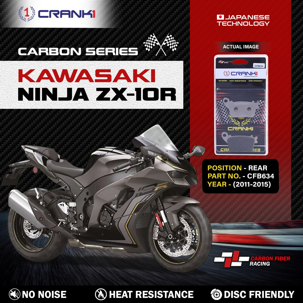 CRANK1 Carbon Rear Brake Pads CFB634 for Kawasaki Ninja ZX-10R 2011-2015 High Performance Kevlar Motorcycle Brake Pads