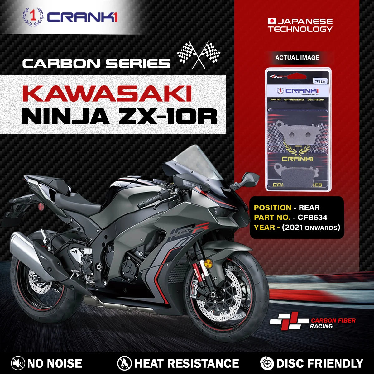 CRANK1 Carbon Rear Brake Pads CFB634 for Kawasaki Ninja ZX-10R 2021 Onwards High Performance Kevlar Motorcycle Brake Pads