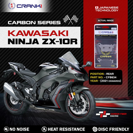 CRANK1 Carbon Rear Brake Pads CFB634 for Kawasaki Ninja ZX-10R 2021 Onwards High Performance Kevlar Motorcycle Brake Pads