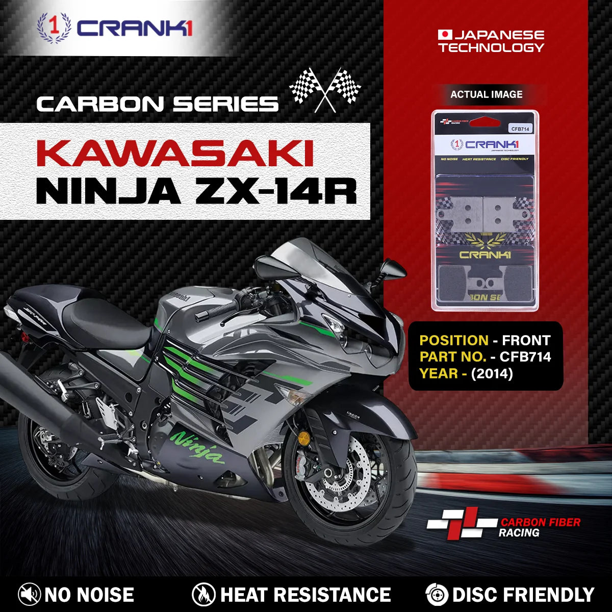 CRANK1 Carbon Front Brake Pads CFB714 for Kawasaki Ninja ZX-14R 2014 Performance Motorcycle Brake Pads