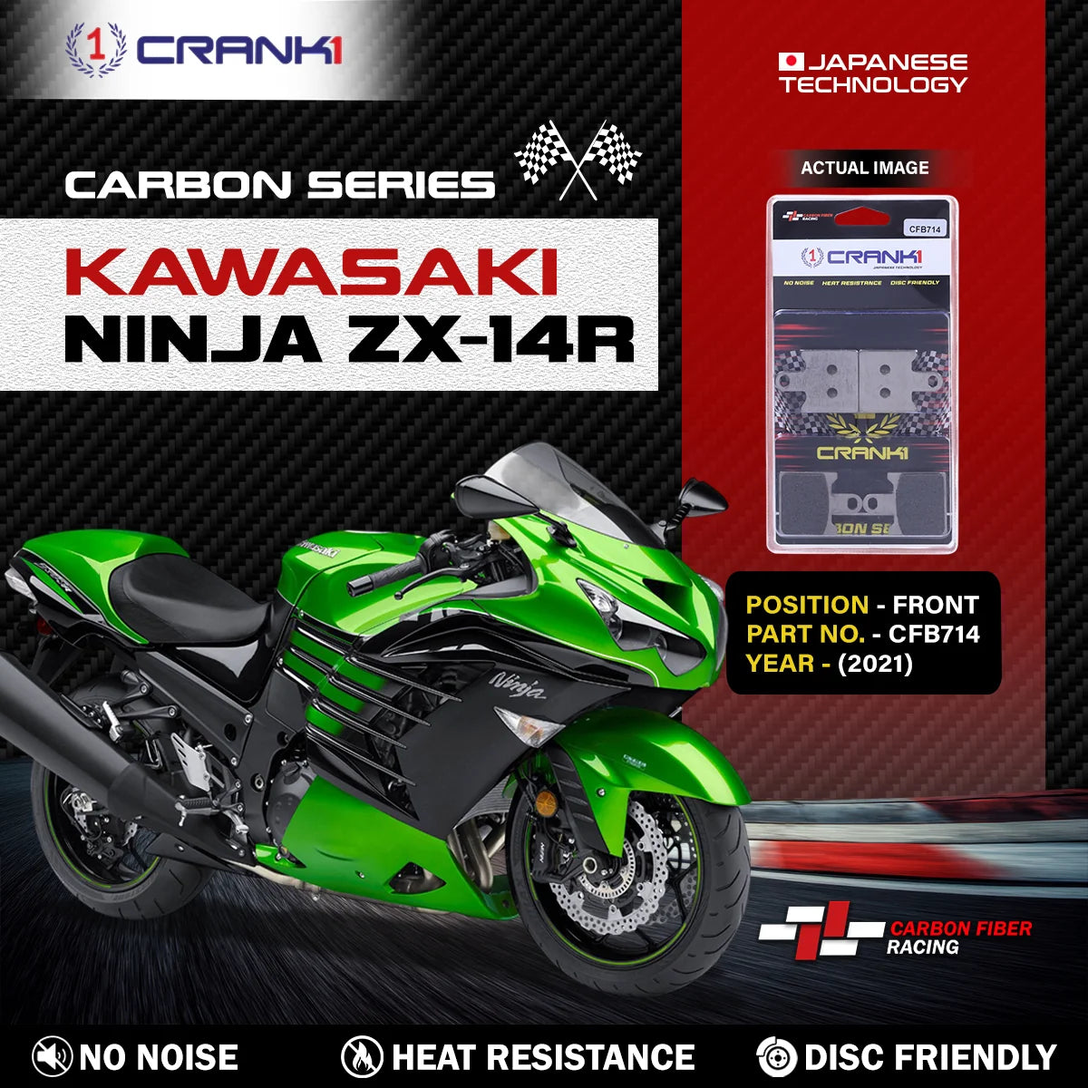 CRANK1 Carbon Front Brake Pads CFB714 for Kawasaki Ninja ZX-14R 2021 Performance Motorcycle Brake Pads