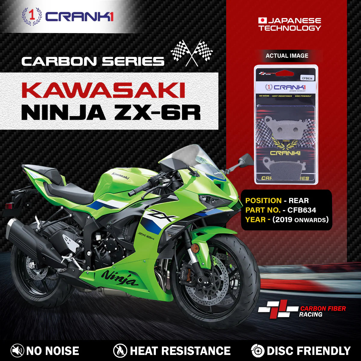 CRANK1 Carbon Brake Pads CFB634 for Kawasaki Ninja ZX-6R Rear