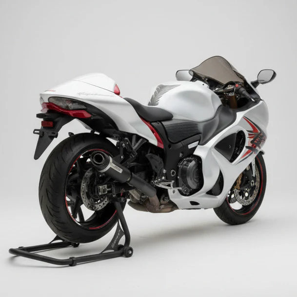Barrel Outlaw 2.0 slip-on exhaust with link pipe for Suzuki Hayabusa Gen 3 black and titanium stainless steel performance exhaust