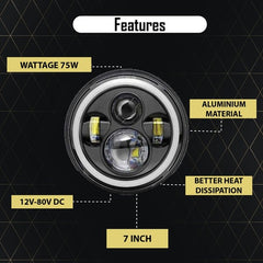 HJG 7 Inch LED Headlight with Spotless and Bright DRL Fits in Royal Enfield (All Model) And Mahindra Thar (12V-80V DC 75w)