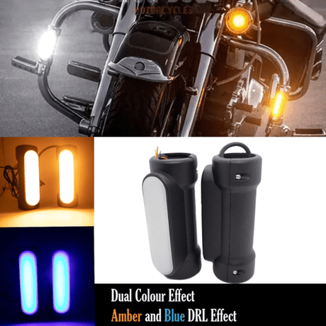 HJG Leg Guard LED DRL Turn Signal Indicator Hazard Lights Crash Bar for Motorcycles (Yellow & Blue)