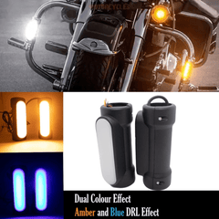 HJG Leg Guard LED DRL Turn Signal Indicator Hazard Lights Crash Bar for Motorcycles (Yellow & Blue)