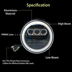 7 Inch New Round LED Headligh Fits in Jawa with High Beam, Low Beam (12V-80V 75W)