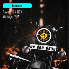 7 Inch Round Headlight Compatible with Royal Enfield, Jeep & Harley Davidson (Khanda DRL) (12V-80V 75W)