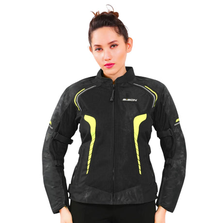 Bison ProGear Phoenix women’s hi-viz neon motorcycle riding jacket front view

