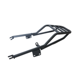MotoCare pipe carrier installed on Yezdi Roadster 2024 showing rear luggage rack with secure mounting plate for touring and daily use