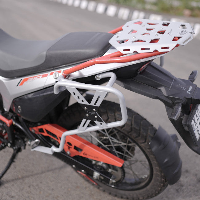 MotoCare pipe carrier with backrest installed on Hero XPulse 210 for luggage and passenger comfort support