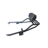 MotoCare pipe carrier with backrest installed on Yezdi Roadster 2024 showing luggage rack and comfortable pillion support system