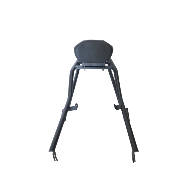 MotoCare pipe carrier with backrest installed on Yezdi Roadster 2024 showing luggage rack and comfortable pillion support system