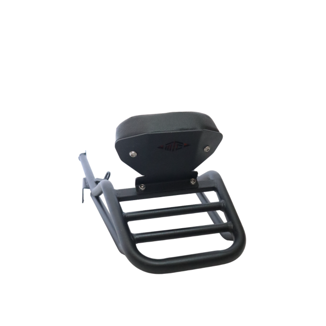 MotoCare pipe carrier with backrest installed on Yezdi Roadster 2024 showing luggage rack and comfortable pillion support system
