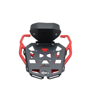 MotoCare pipe carrier with backrest installed on Hero XPulse 210 in red and black for luggage and passenger support