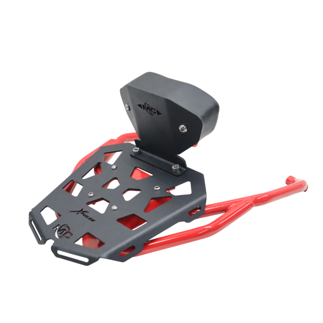 MotoCare pipe carrier with backrest installed on Hero XPulse 210 in red and black for luggage and passenger support