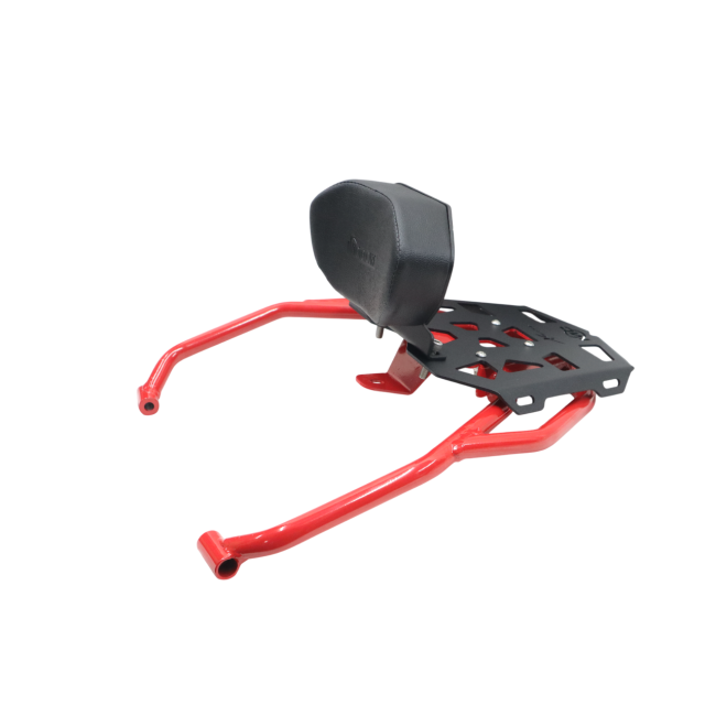 MotoCare pipe carrier with backrest installed on Hero XPulse 210 in red and black for luggage and passenger support
